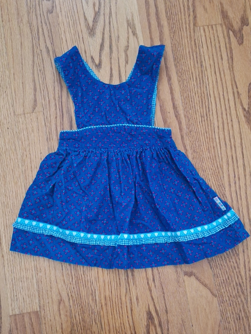 Vintage Gymboree Rainbow Tag Blue Floral Pinafore Dress with Teal Trim S